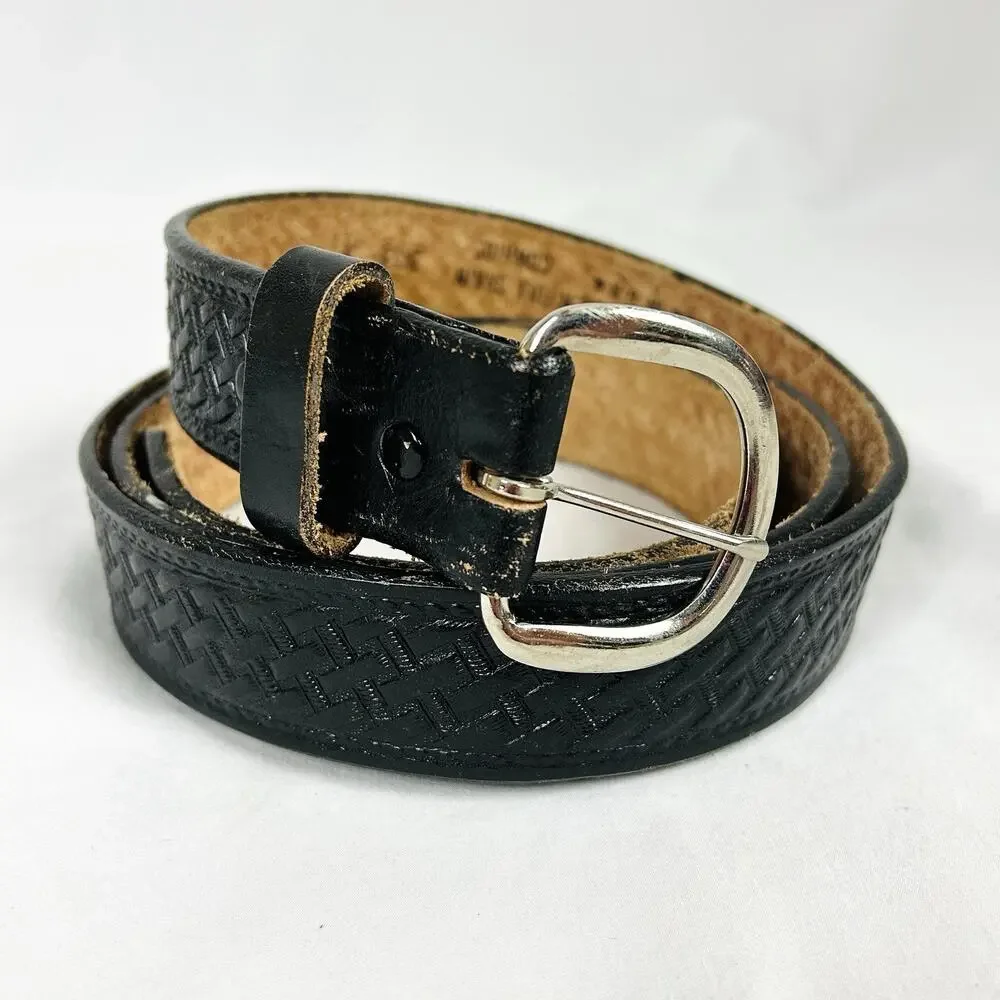 Brushy Creek Black Basketweave Embossed Cowhide Leather Belt Mens 54 USA